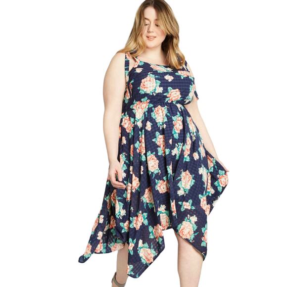 Modcloth Floral Sundress 1X Navy Fit & Flare Retro Party Summer Handkerchief Hem - Picture 1 of 9